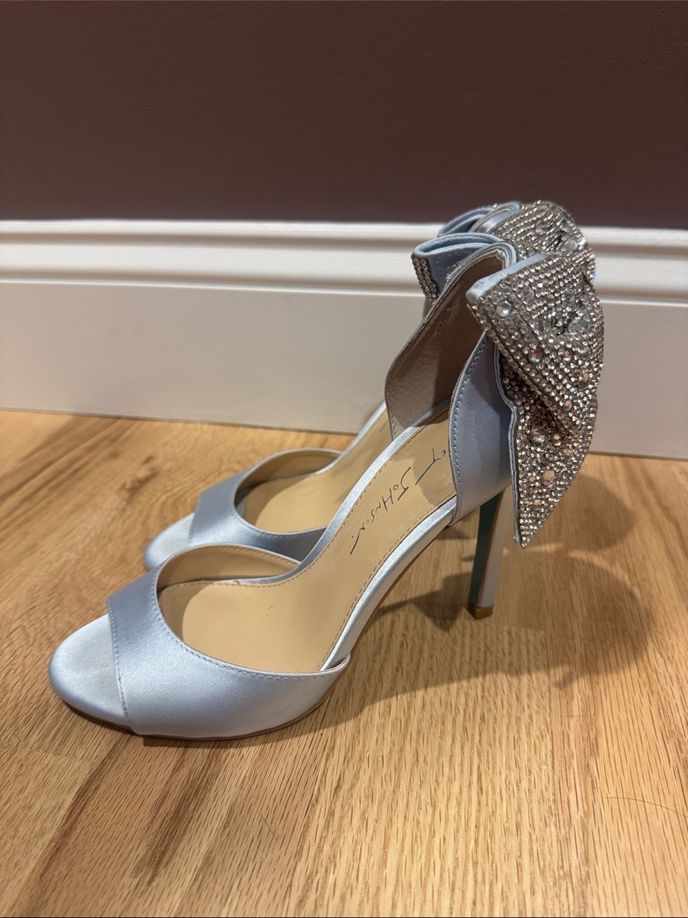 Betsey Johnson Light Blue Satin Heels with Rhinestone Bow